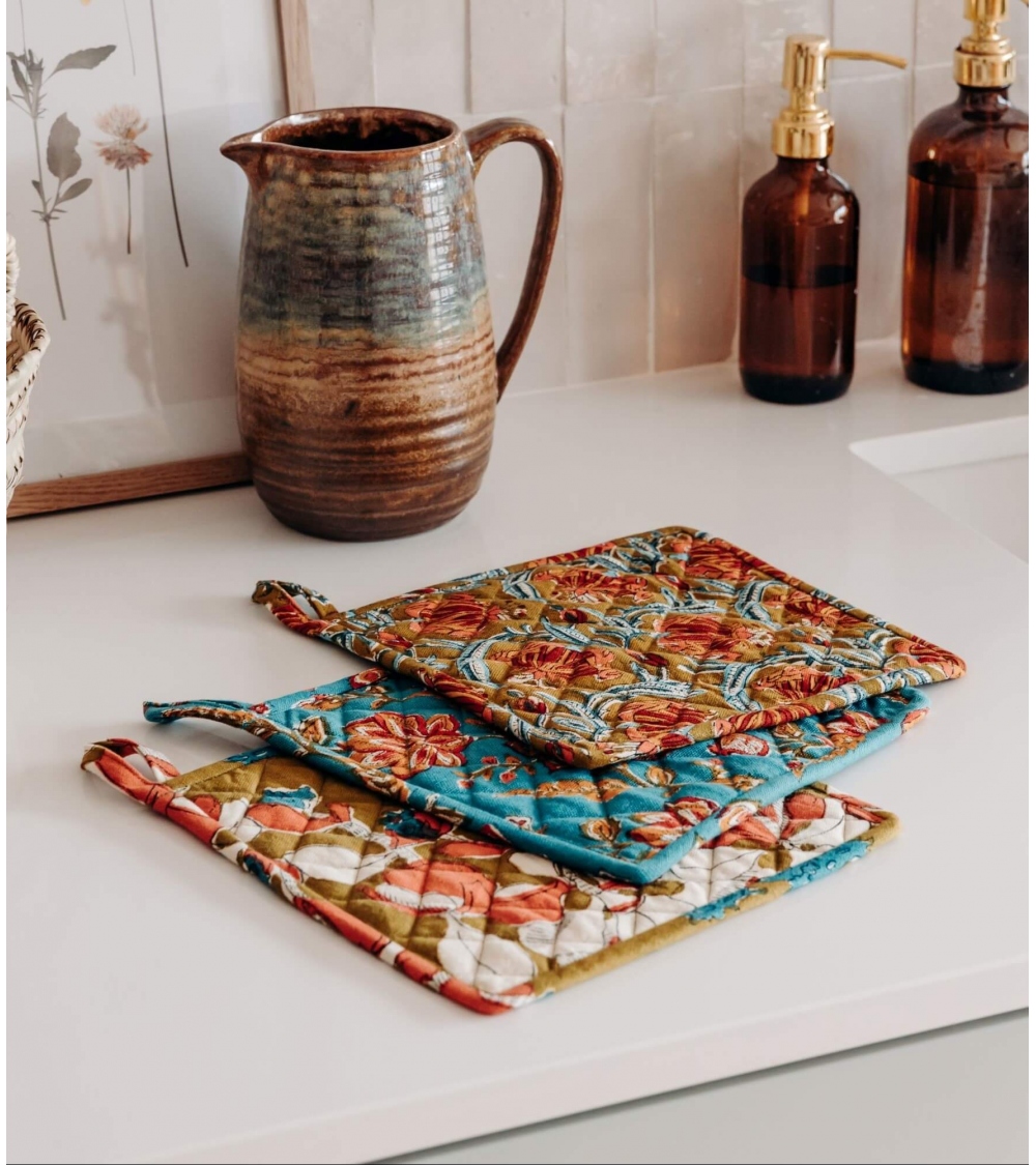 Hot plate holder 8x8 inches in cotton Iris olive Jamini