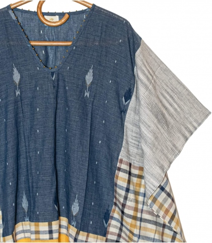 Short indian kaftan - blue and mustard yellow