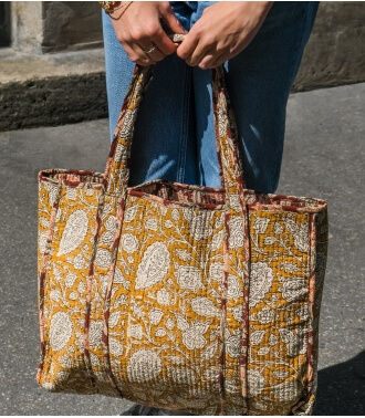 Cotton quilted tote bag - Arja mustard yellow