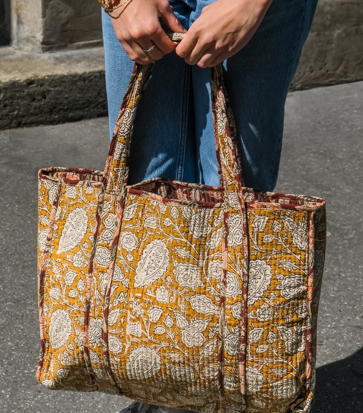 Cotton quilted tote bag - Arja mustard yellow