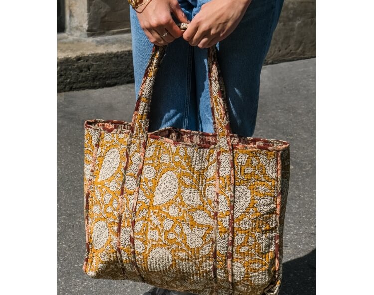 Cotton quilted tote bag - Arja mustard yellow
