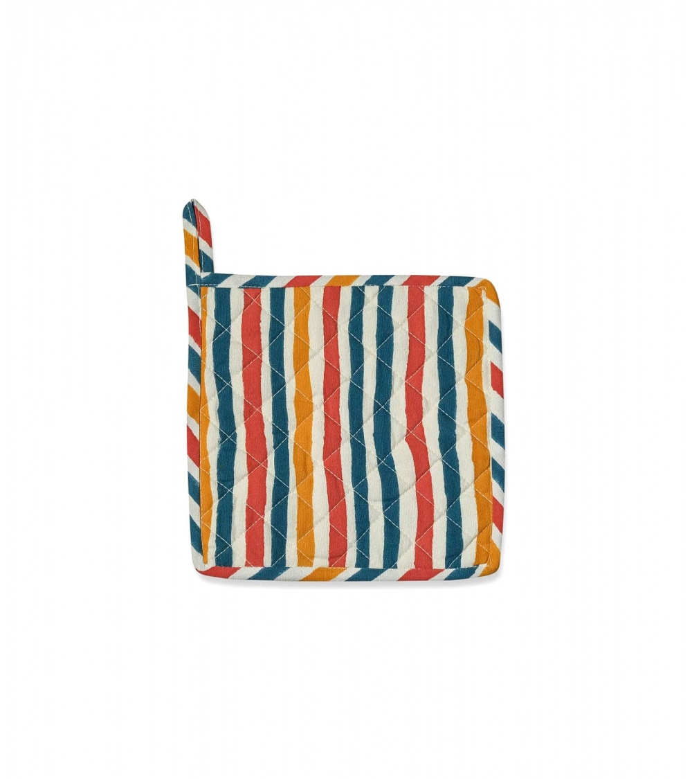 Multi stripe tan cotton hot plat holder 8x8 inches Jamini