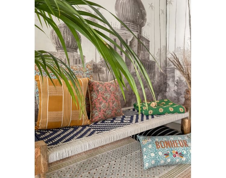 Indian daybed, hand printed pillows
