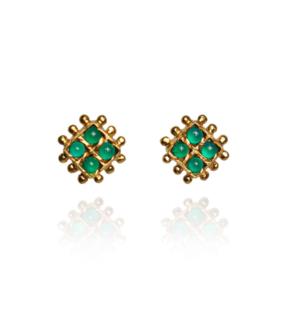 Boucles D'Oreilles Pendantes En Onyx Vert Sculpté - Monture Or Jaune 9 Carats (2,4g) - Occasion Vintage