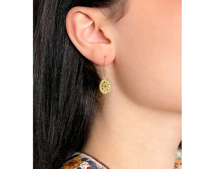 Boucles d'oreilles indiennes argent plaqué or et rubis
