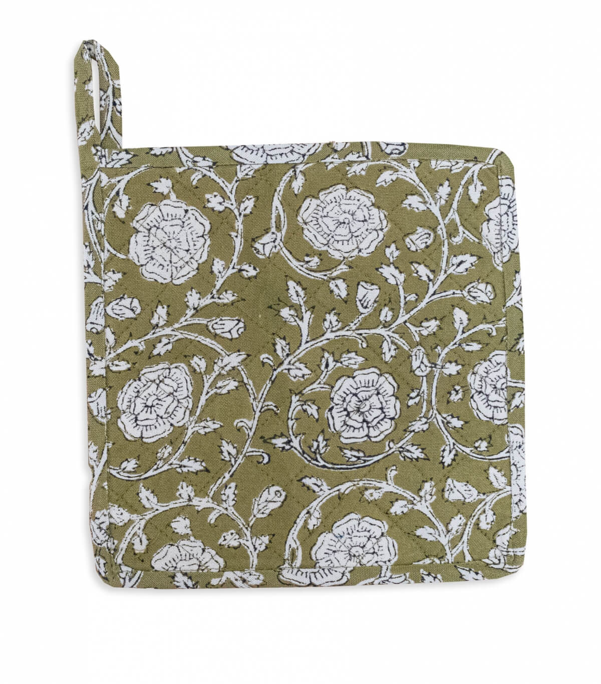 Hand printed hot plate holder 8x8 inches - olive