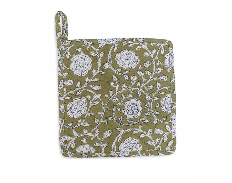 Hand printed hot plate holder 8x8 inches - olive