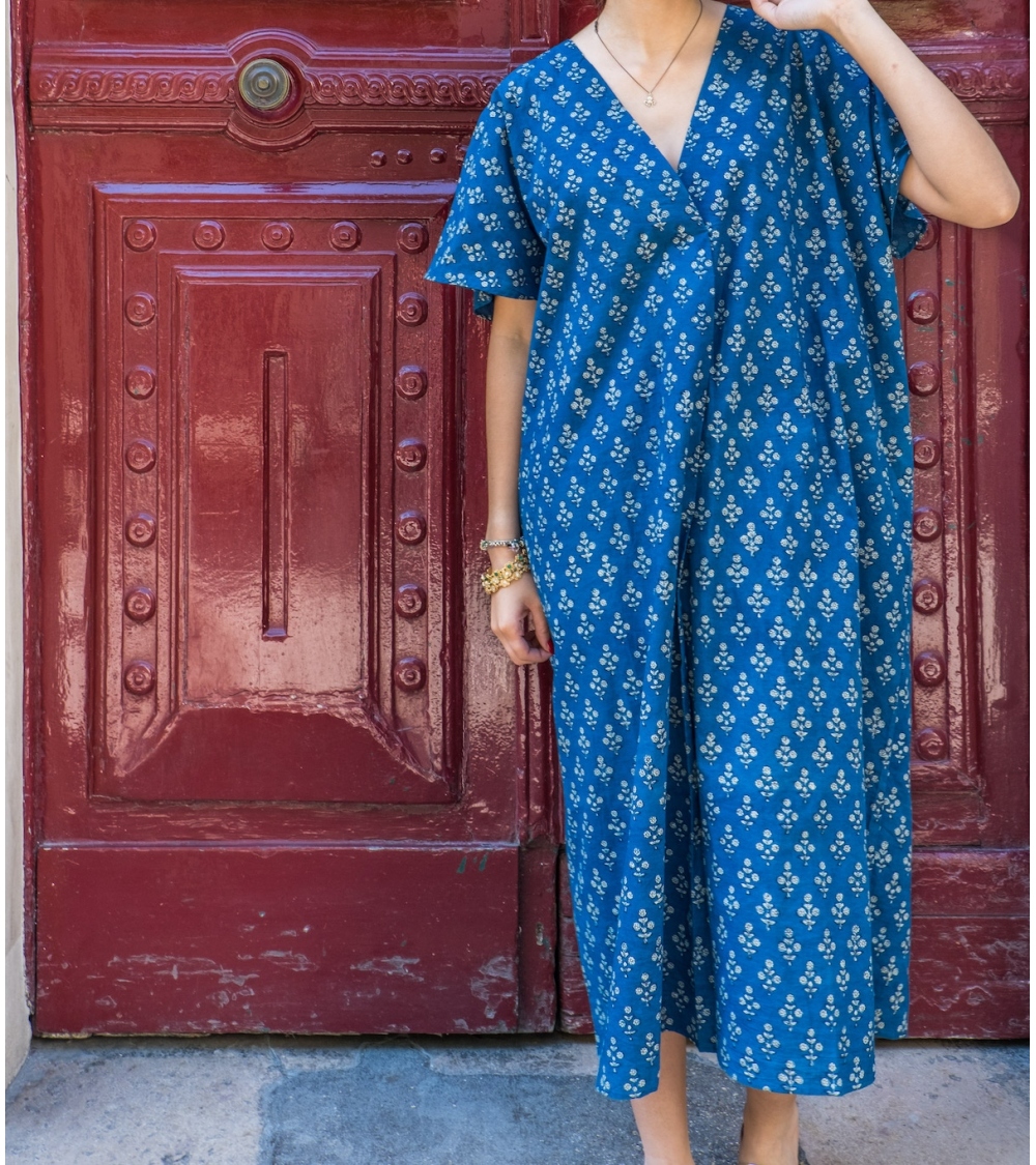 Naturally dyed indigo cotton kaftan dress Jamini