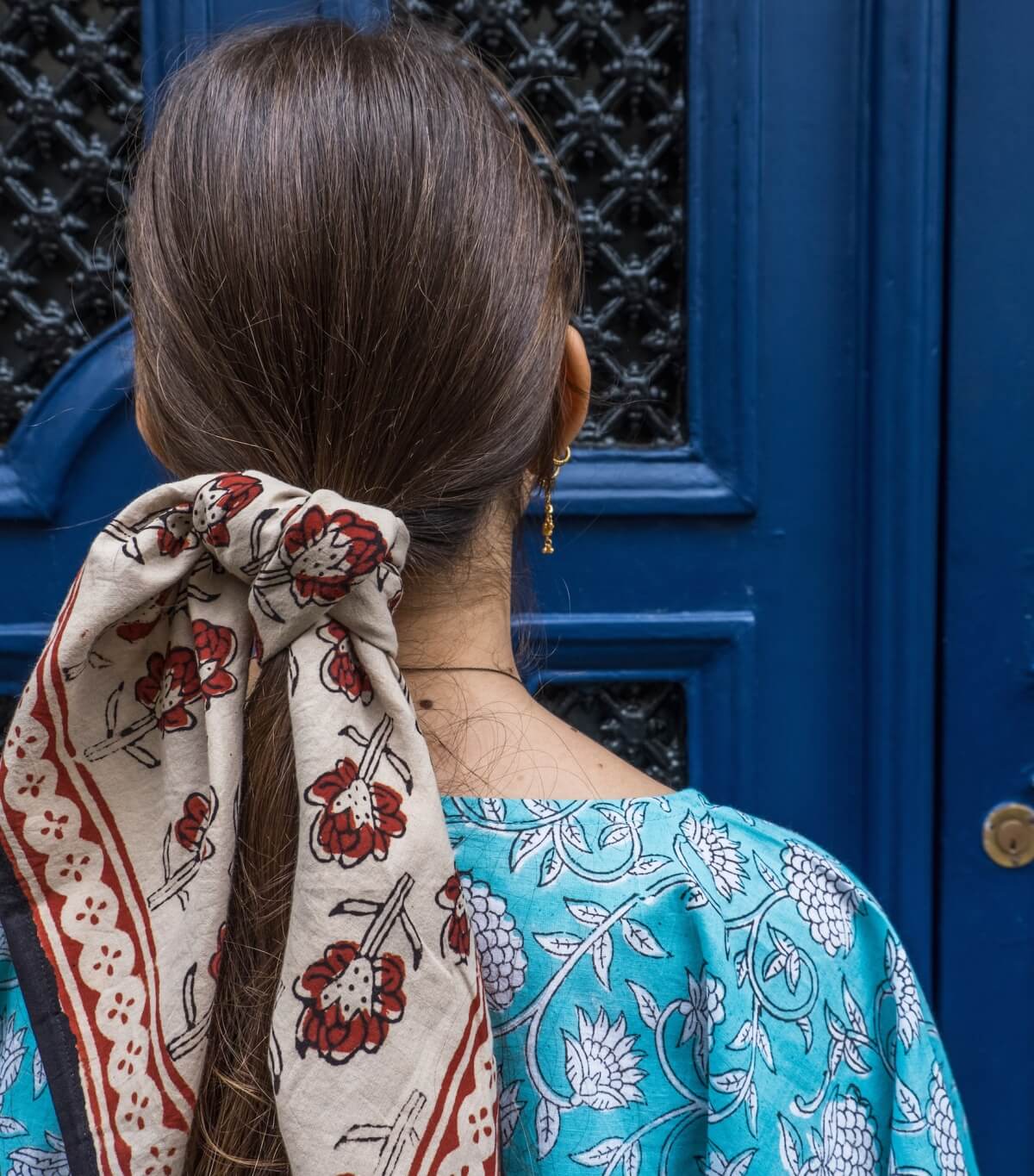 Silk Scarf Bandana Floral, Navy Blue Neck Scarf