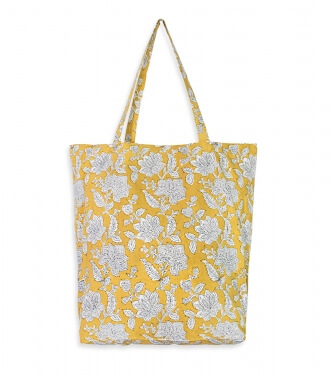 Hand printed tote bag in yellow cotton by Jamini