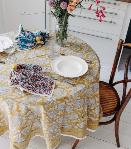 Nappe imprimée en coton jaune - 175 cm de diamètre