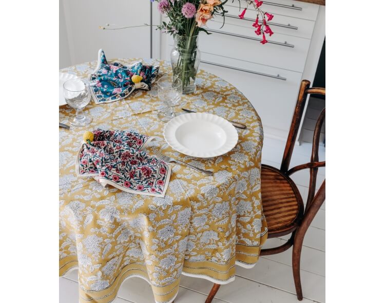 Nappe imprimée en coton jaune - 175 cm de diamètre