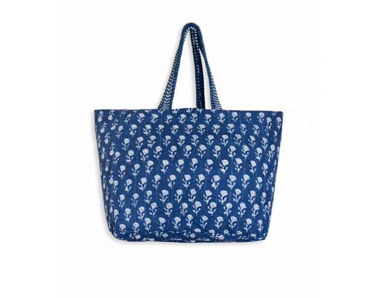 Cabas fleuri 44x37 cm - teinture naturelle bleu indigo