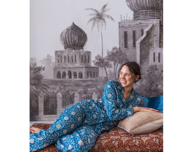 Banna Hand printed cotton pyjama in floral blue