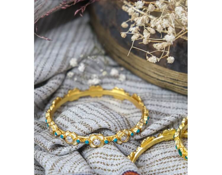 Bracelet indien argent plaqué or et turquoises