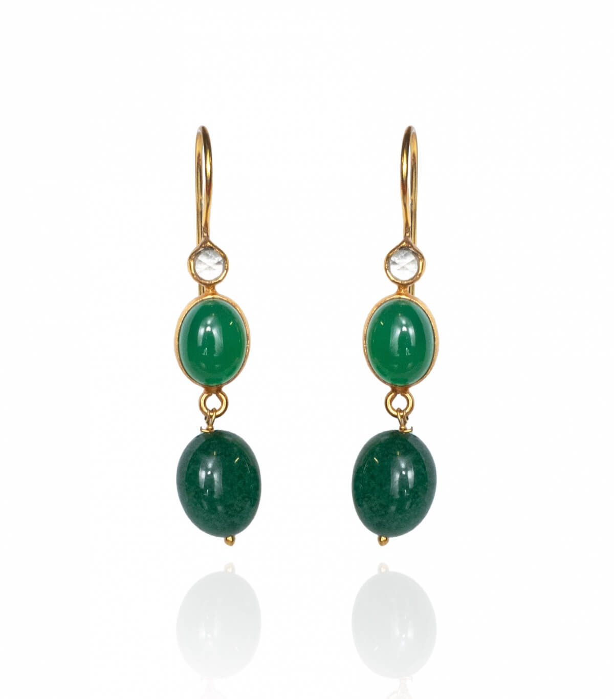 Boucles d'oreilles argent plaqué or et onyx vert - 4,7 cm