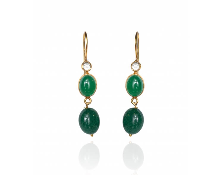 Boucles d'oreilles argent plaqué or et onyx vert - 4,7 cm