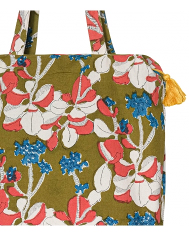 Tote bag imprimé zippé 41x46x13 cm - Iris olive