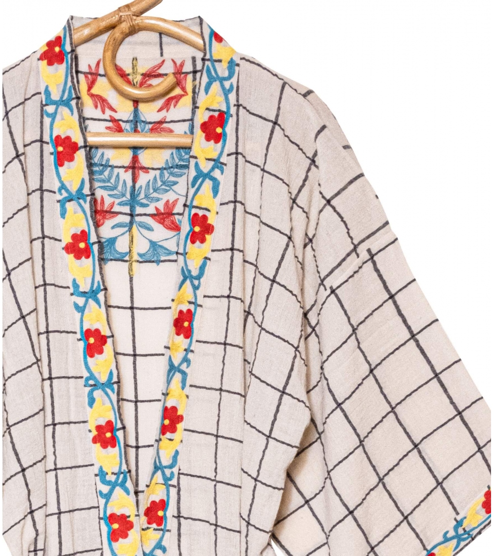Kimono En Soie Brodée Grande Taille – Motif Nature, Vert, Made In Japan (Occasion Parfait État)