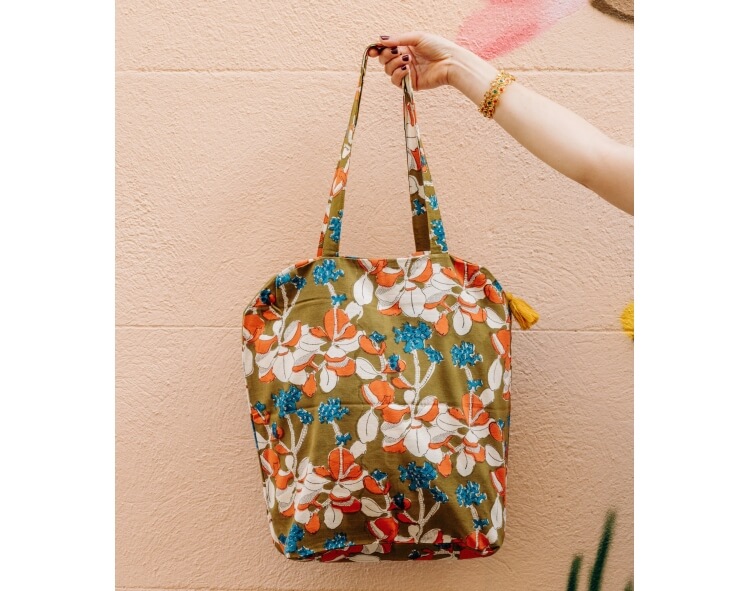 Tote bag imprimé zippé 41x46x13 cm - Iris olive