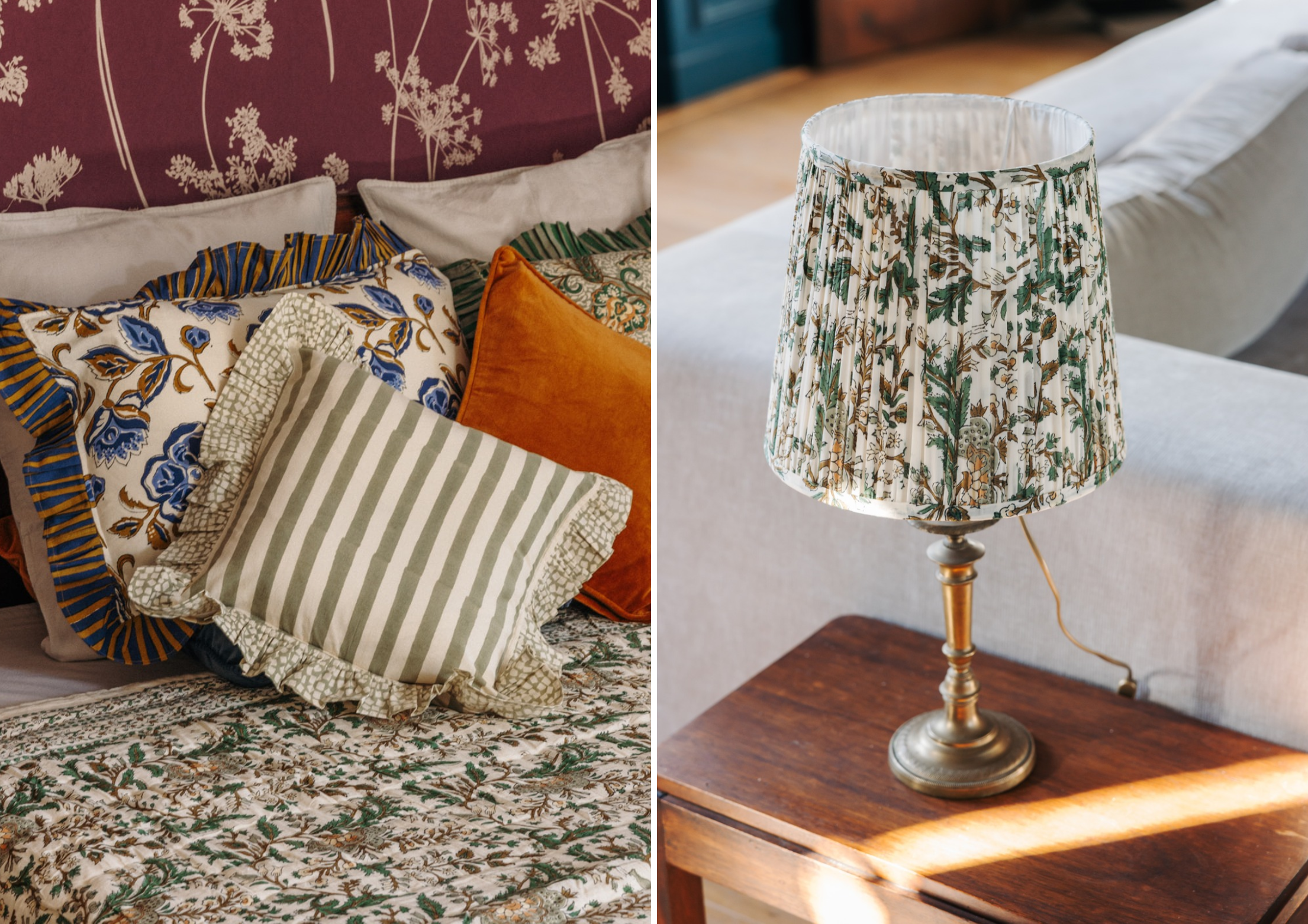 Abat-jour en tissu imprimé sur une lampe en laiton