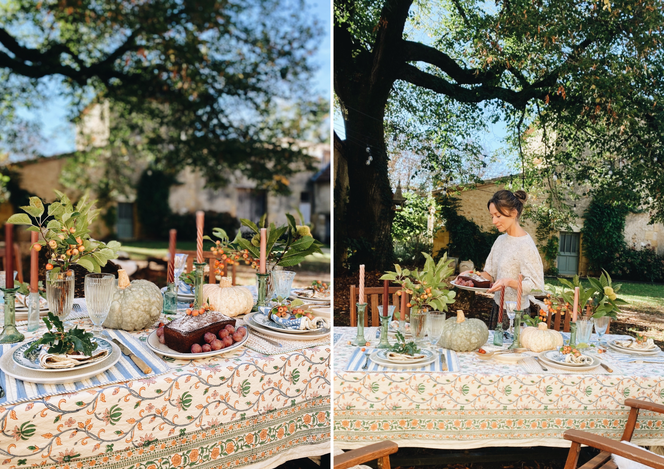 Table d’automne dressée au jardin avec une nappe fleurie Jamini