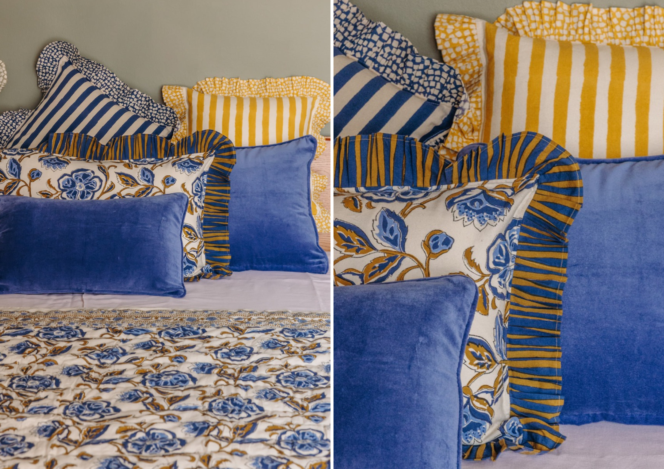 Quilt réversible fleuri et rayé plié au pied du lit