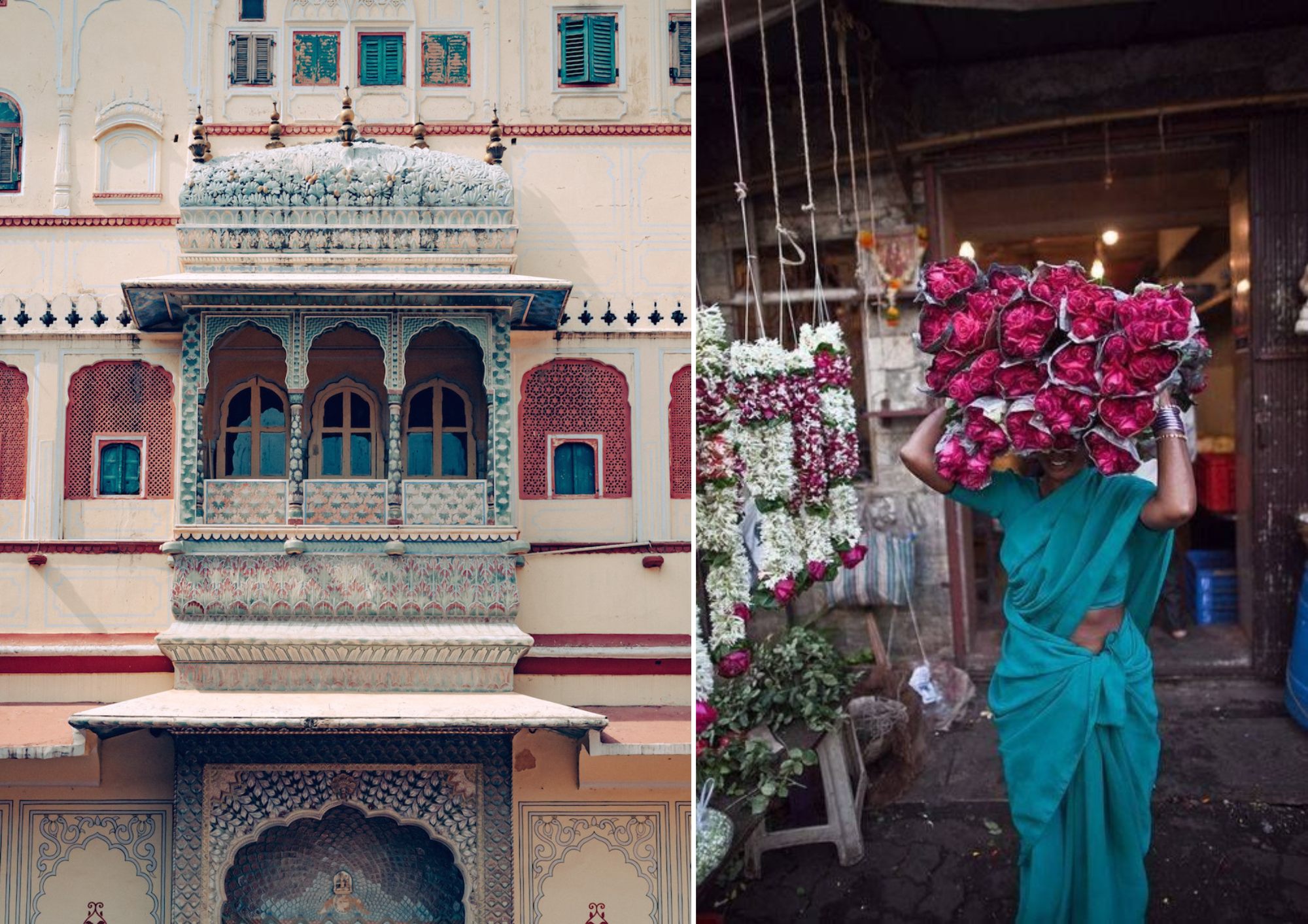 Architecture in the state of Rajasthan in India, Indian woman carrying flowers