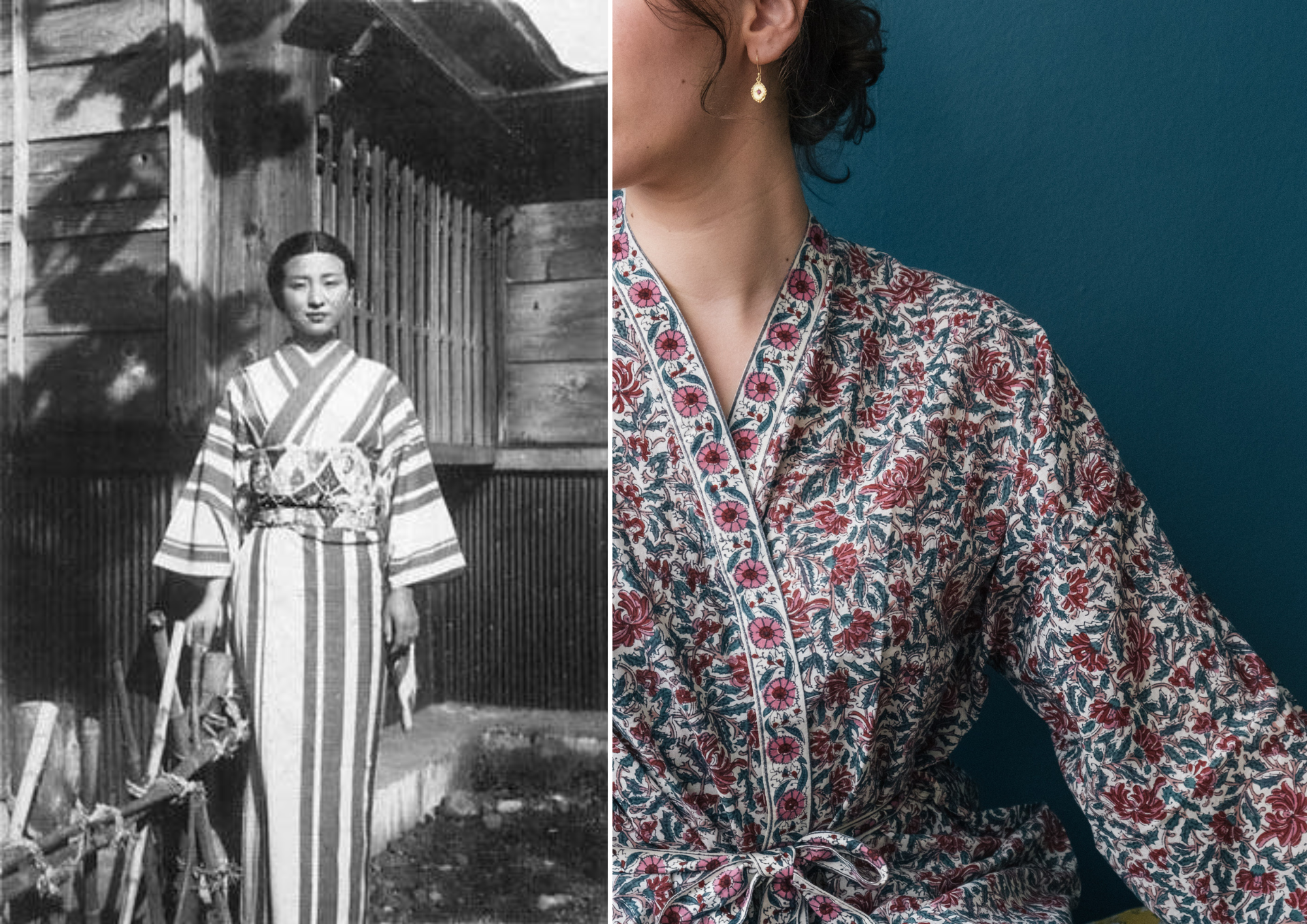 Femme japonaise portant un kimono traditionnel, Kimono en coton imprimé Reema