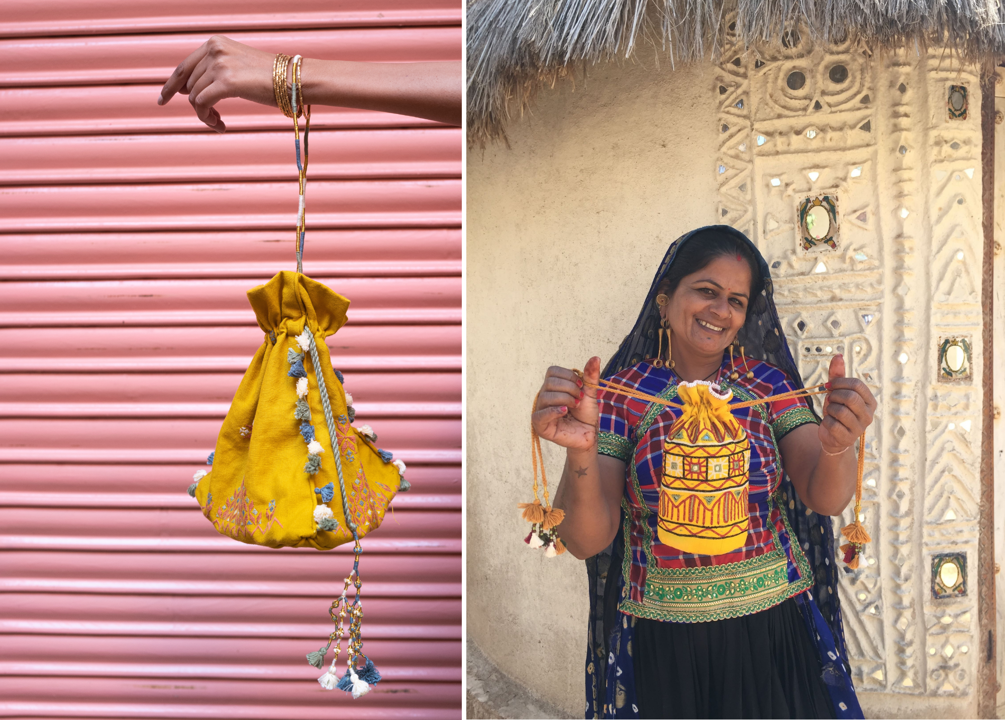 Femme tisserande indienne, pochon en coton brodé