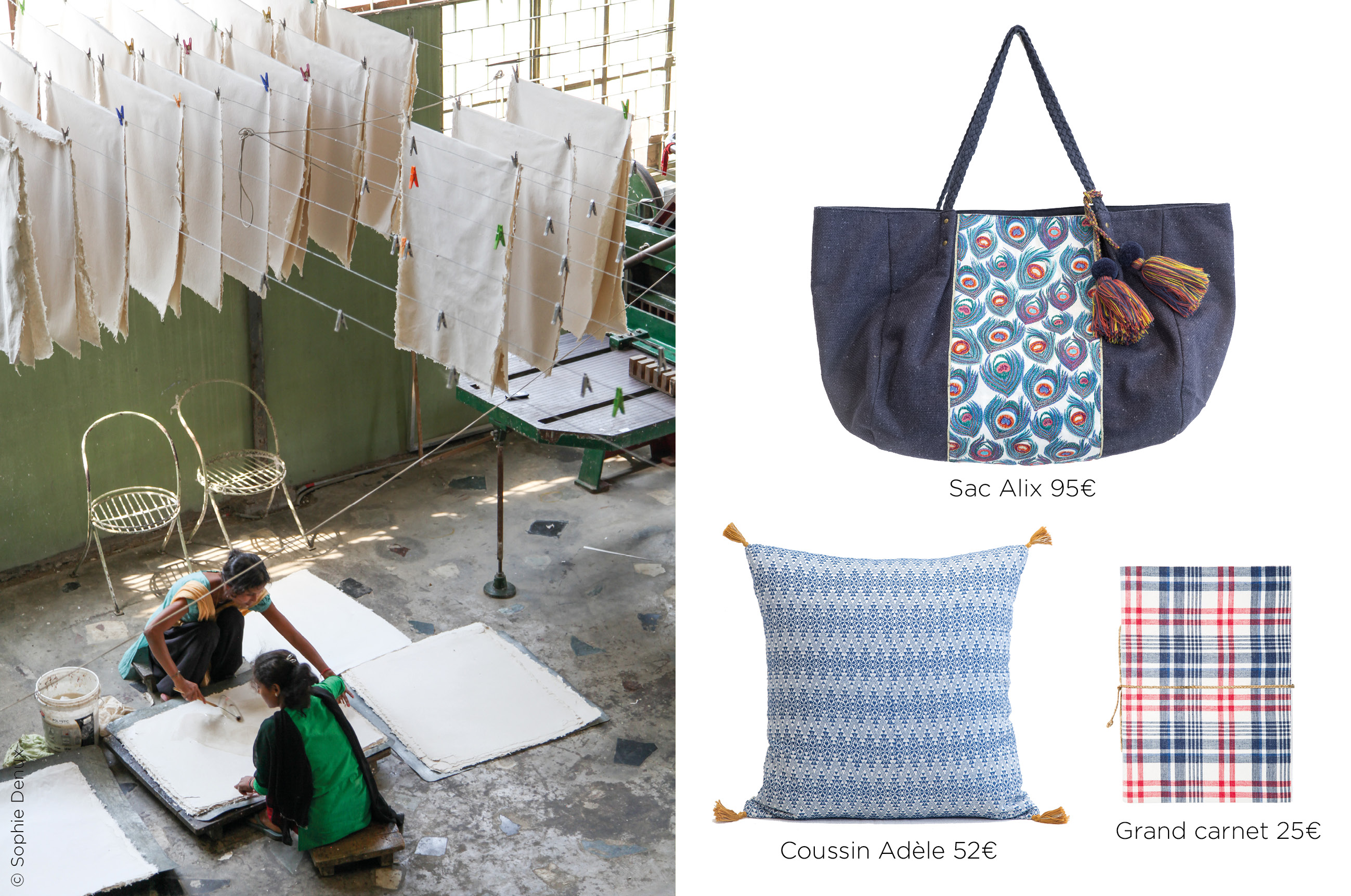 embroidered bag, woven cushion and notebook made of recycled paper