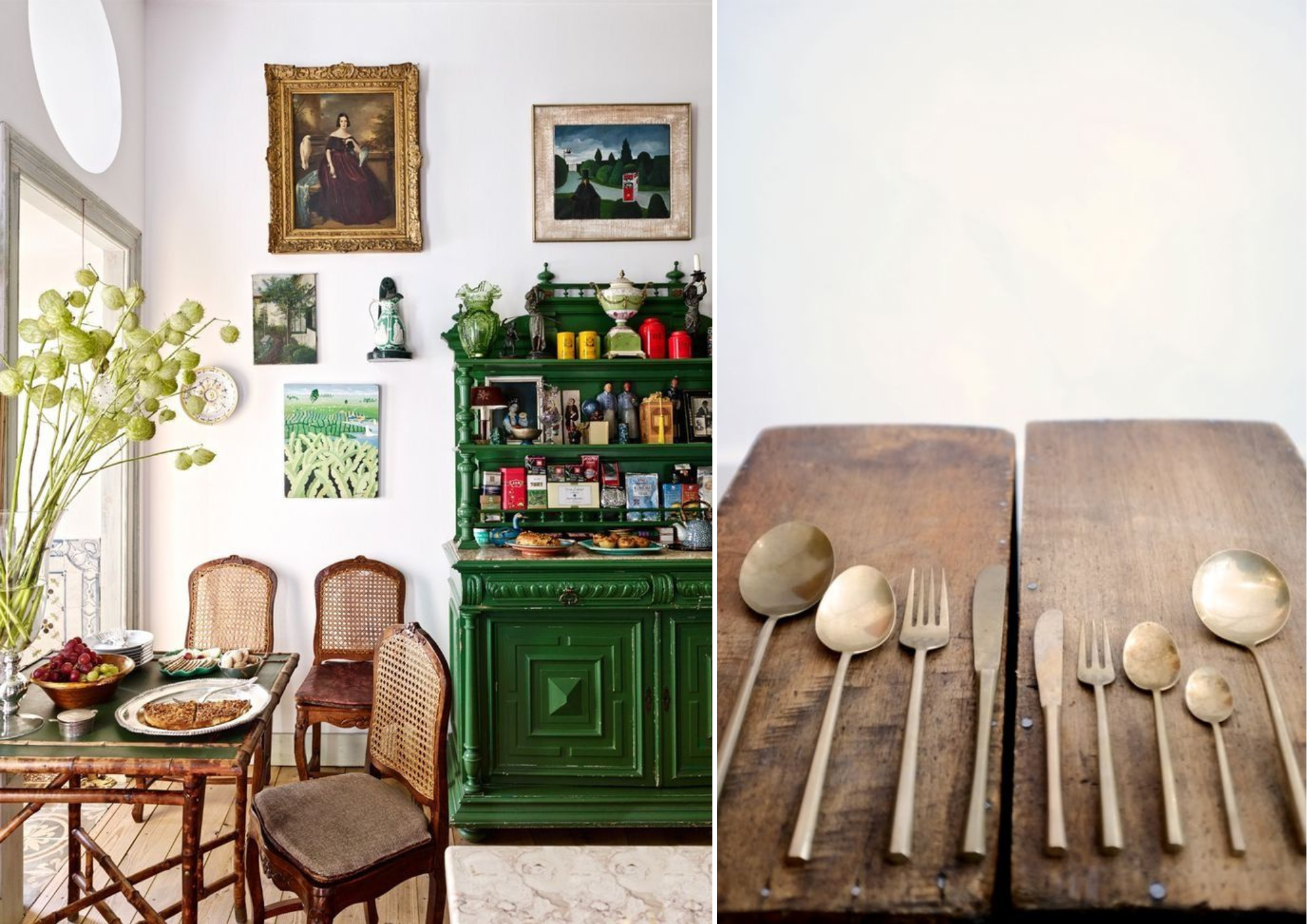 Décoration intérieure bohème chic, couverts vintage en laiton