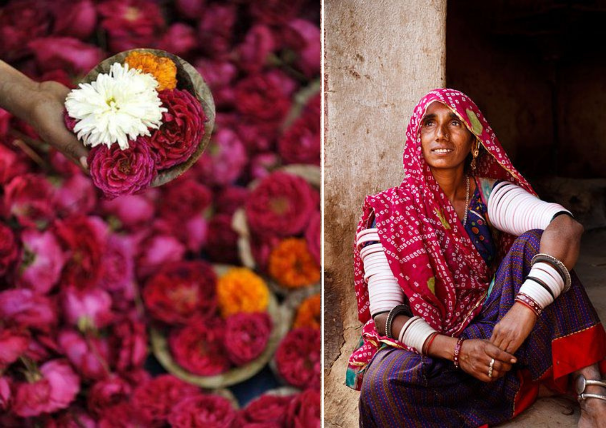 Flower market in India, Indian woman in sari