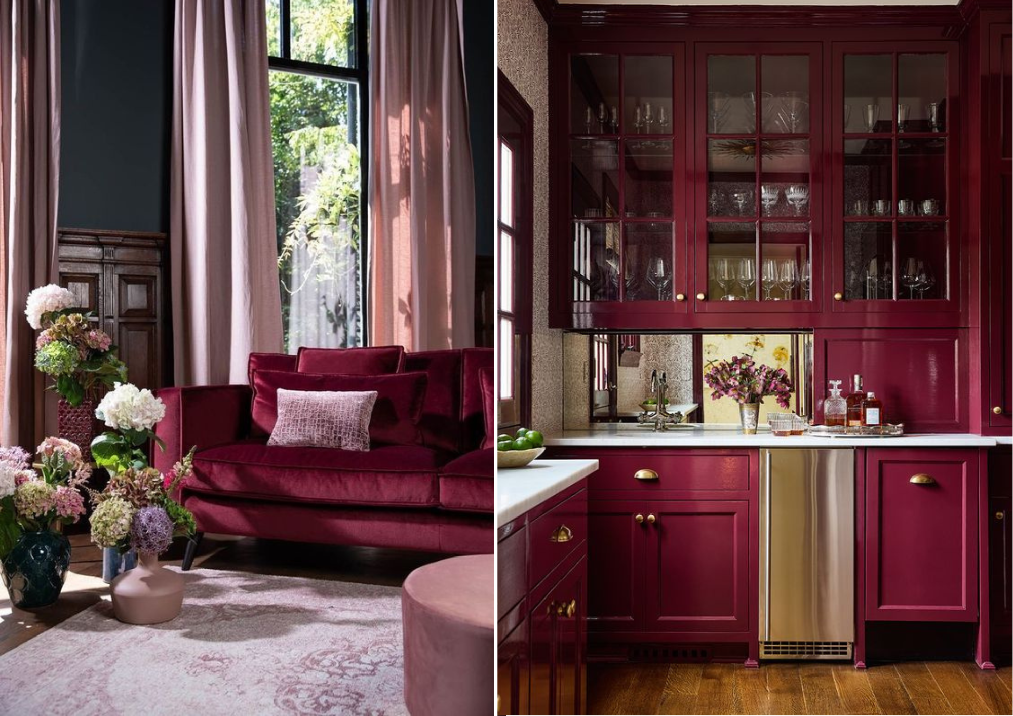 Living room decoration with Magenta sofa, Viva Magenta kitchen decoration