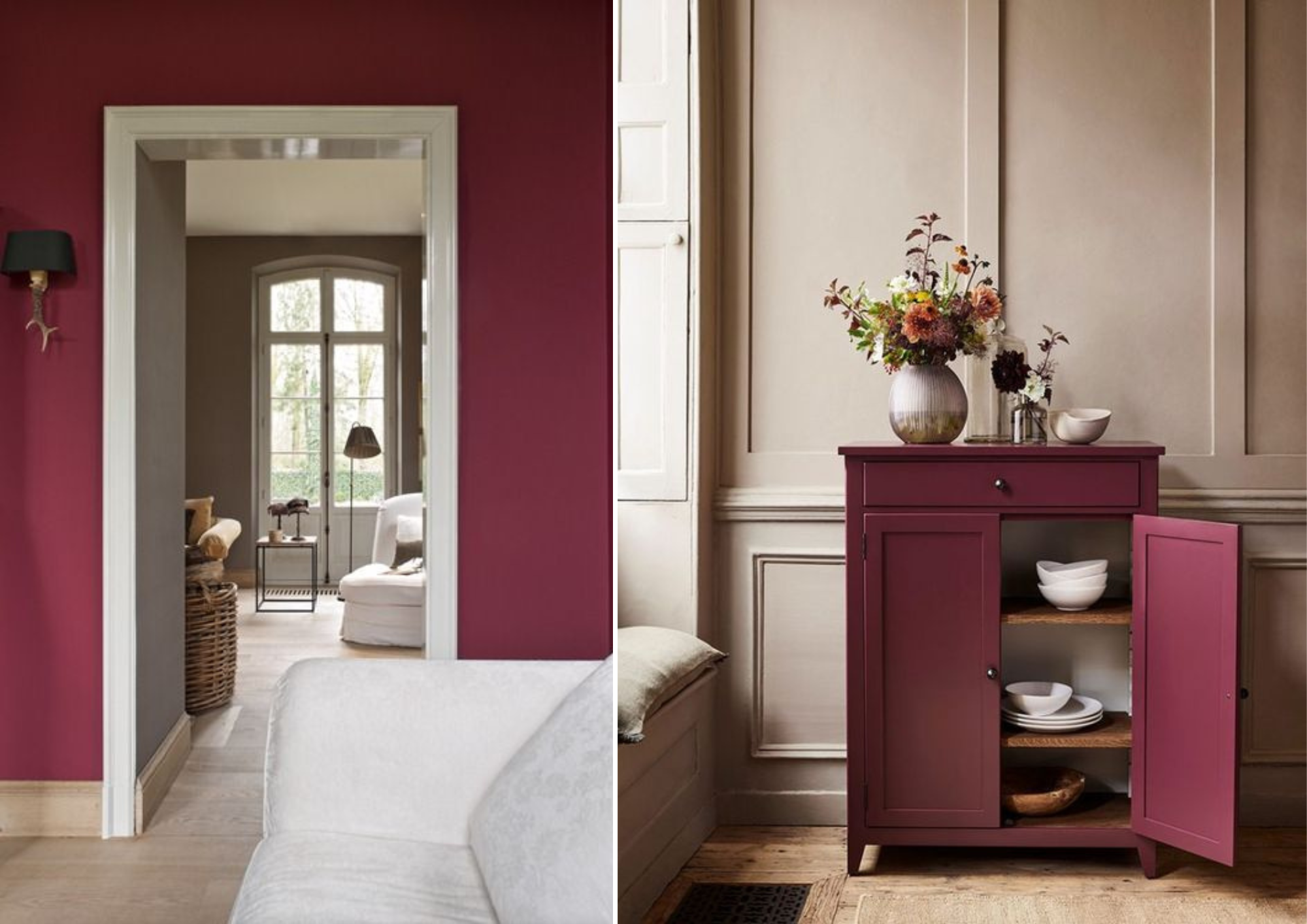Living room decoration with Magenta walls, Magenta color dresser decoration ideas