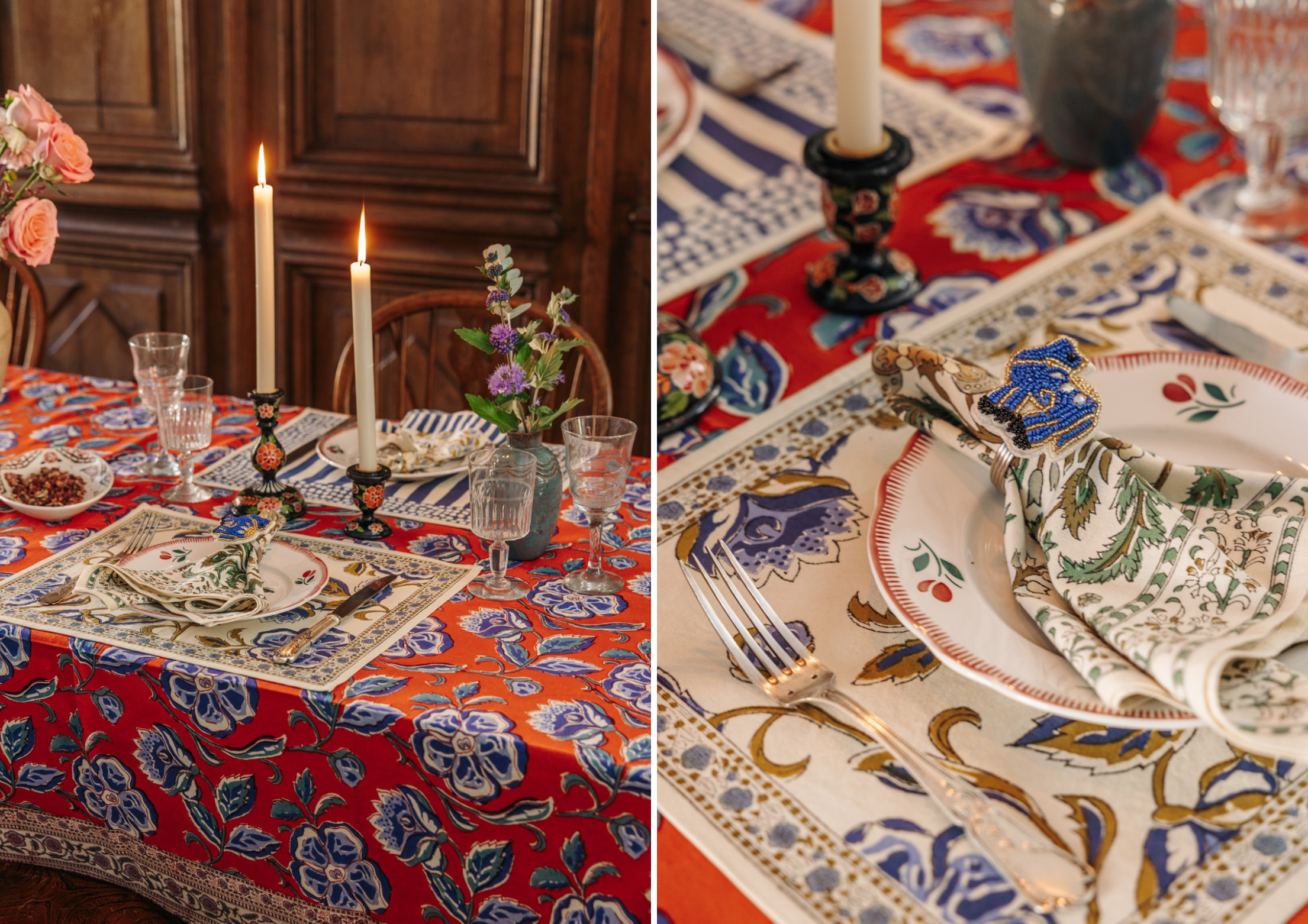Table dressée avec nappe imprimée et bougeoirs en bois tourné