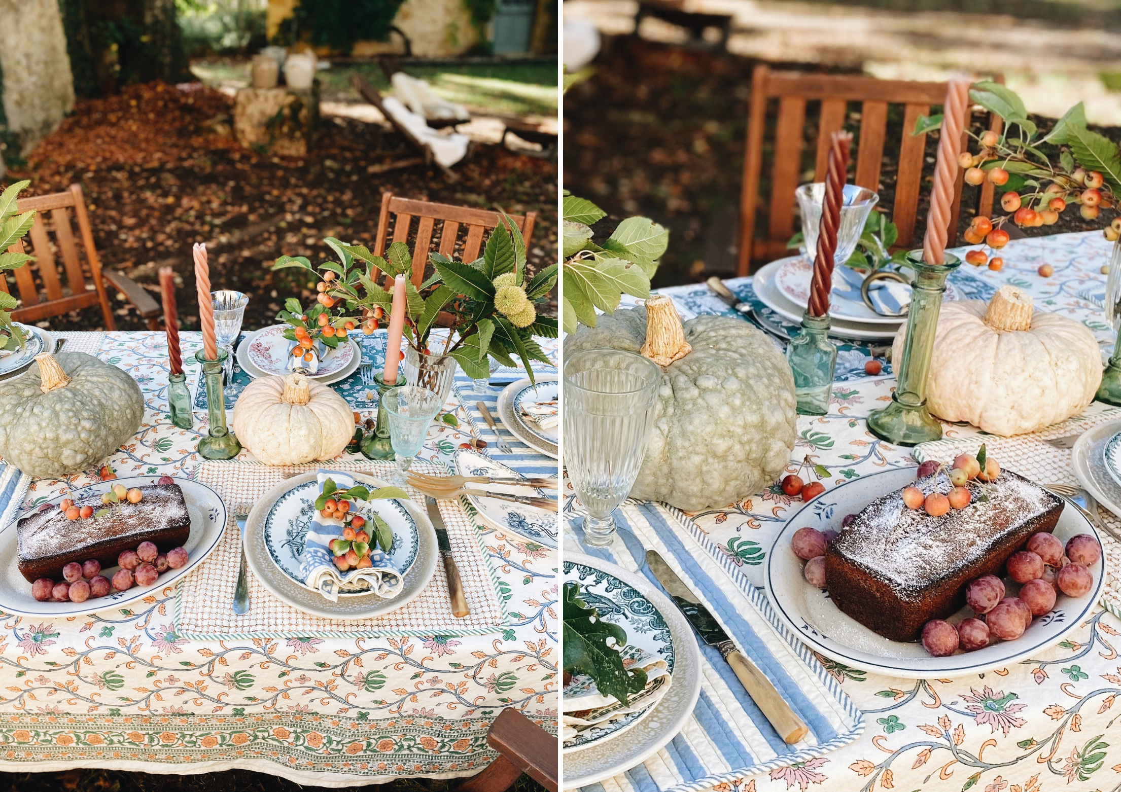 Table d’automne aux couleurs douces, courges pâles et pommes d’api