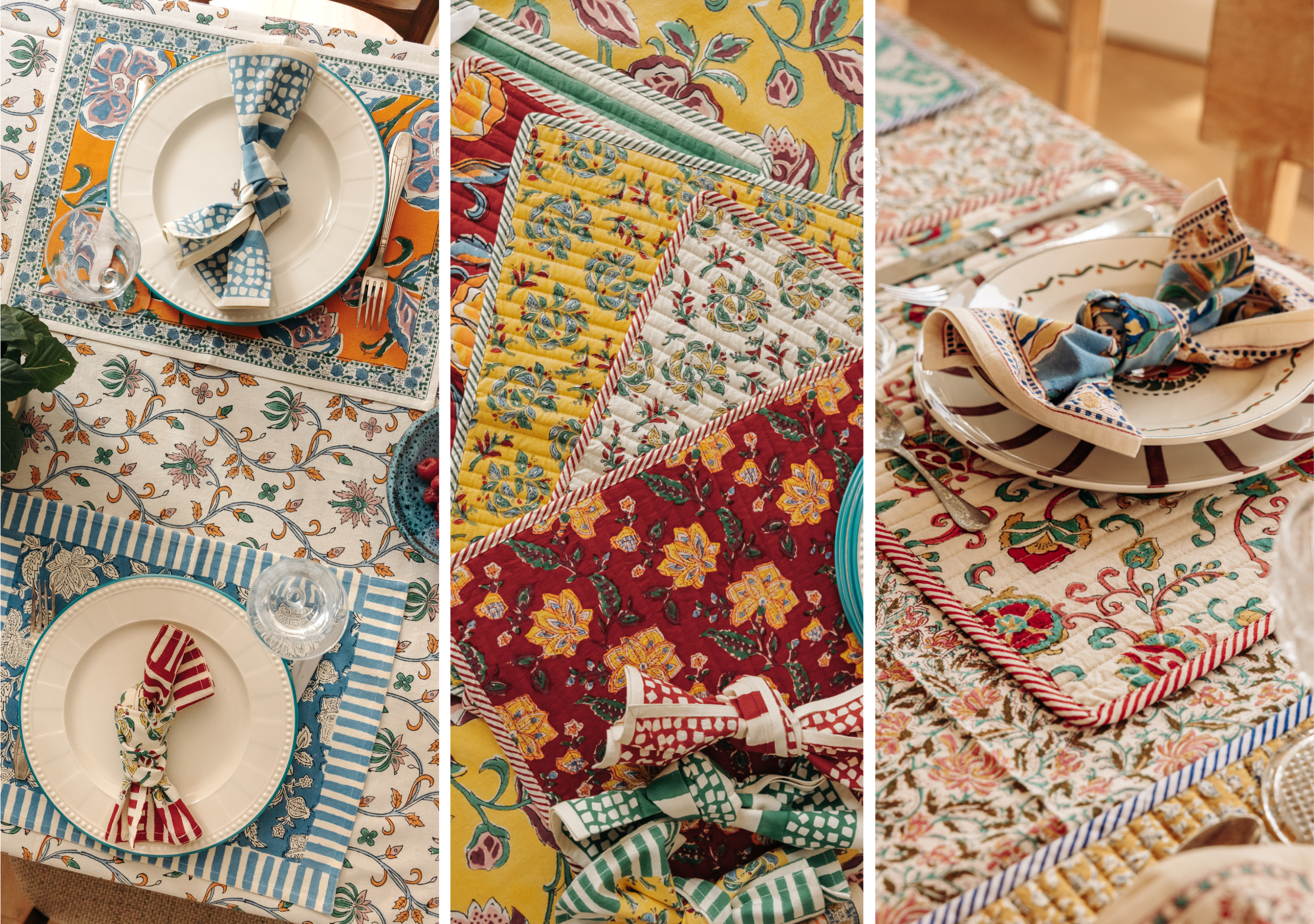 Nappes, sets de table matelassés et serviettes imprimés au block print Jamini